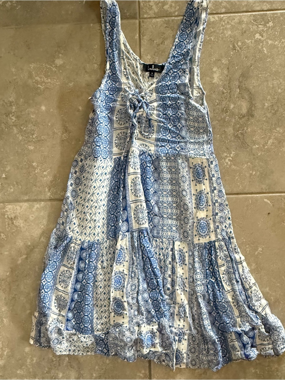 Lulu's Blue & White Tie-Front Tiered Midi Dress